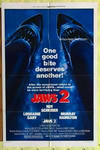 h436 JAWS 2 one-sheet movie poster 'R80 Roy Scheider, man-eating shark!
