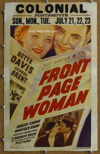 j113 FRONT PAGE WOMAN linen movie window card '35 Bette Davis, Brent