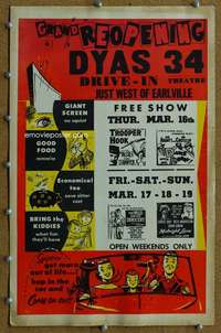j122 GRAND REOPENING DYAS 34 movie window card '60s drive-in theatre!
