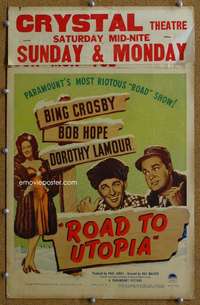 j189 ROAD TO UTOPIA movie window card '46 Bob Hope, Lamour, Crosby