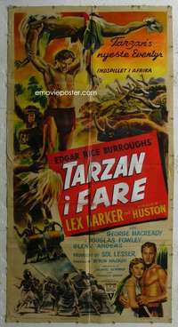 k005 TARZAN'S PERIL linen three-sheet movie poster '51 Lex Barker, Burroughs
