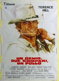 k391 GENIUS, TWO FRIENDS & AN IDIOT Italian one-panel movie poster '75 Hill