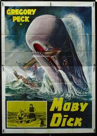 k305 MOBY DICK Italian two-panel movie poster R70s Peck, great whale art!
