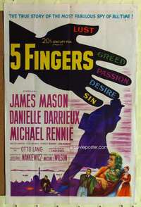 p009 5 FINGERS one-sheet movie poster '52 James Mason, World War II spies!
