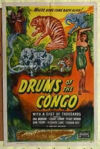 p255 DRUMS OF THE CONGO one-sheet movie poster R40s wild African beasts!