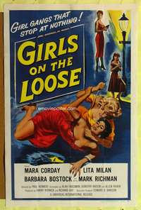 p367 GIRLS ON THE LOOSE one-sheet movie poster '58 classic girlfight image!