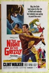 p572 NIGHT OF THE GRIZZLY one-sheet movie poster '66 Clint Walker vs bear!