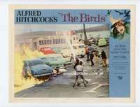 s252 BIRDS movie lobby card #8 '63 Alfred Hitchcock, cars burning!