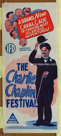 w707 CHARLIE CHAPLIN FESTIVAL Aust daybill '57 stone litho art of Chaplin in hat w/ cane!