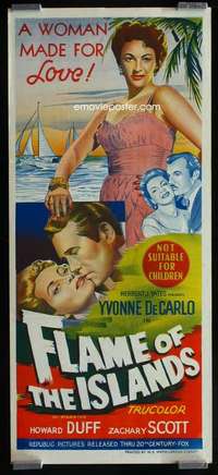 w773 FLAME OF THE ISLANDS Aust daybill movie poster '55 sexy De Carlo!