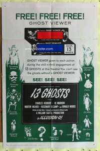 a022 13 GHOSTS green style 1sh '60 William Castle, great art of all the spooks, Ghost Viewer!