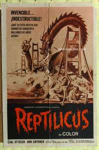 a732 REPTILICUS Spanish/U.S. one-sheet movie poster '62 giant lizard, AIP sci-fi!