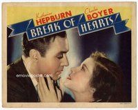 b286 BREAK OF HEARTS movie lobby card '35 great Hepburn & Boyer c/u!