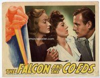 b431 FALCON & THE CO-EDS #3 movie lobby card '43 Conway c/u w/2 girls!