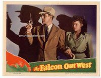 b440 FALCON OUT WEST #2 movie lobby card '44 Tom Conway with gun!