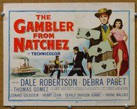 b154 GAMBLER FROM NATCHEZ title movie lobby card '54 riverboat gambling!