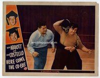b532 HERE COME THE CO-EDS movie lobby card '45 Costello w/wrestler!