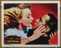 b564 I LOVE TROUBLE movie lobby card '47 great romantic close up!