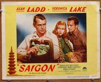 b797 SAIGON movie lobby card #3 '48 Alan Ladd, Lake & lots of cash!