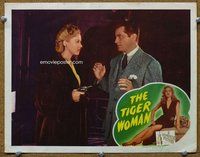 b889 TIGER WOMAN movie lobby card '45 Adele Mara in mink with gun!