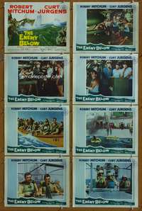 c294 ENEMY BELOW 8 movie lobby cards '58 Robert Mitchum, Dick Powell