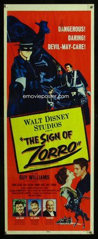 d291 SIGN OF ZORRO insert movie poster '60 Walt Disney, Guy Williams