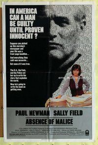 e012 ABSENCE OF MALICE one-sheet movie poster '81 Paul Newman, Sally Field