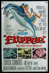 e297 FLIPPER one-sheet movie poster '63 Connors, Luke Halpin, dolphin!