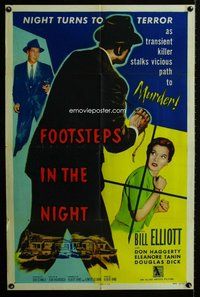 e307 FOOTSTEPS IN THE NIGHT one-sheet movie poster '57 careless strangler!
