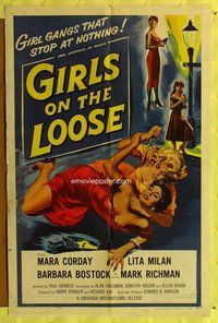 e334 GIRLS ON THE LOOSE one-sheet movie poster '58 classic catfight image!