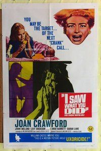 e436 I SAW WHAT YOU DID one-sheet movie poster '65 Joan Crawford, Castle