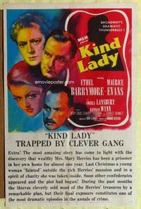 e486 KIND LADY one-sheet movie poster '51 Ethel Barrymore, John Sturges