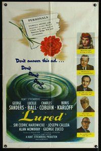 e565 LURED one-sheet movie poster '47 Lucille Ball, Boris Karloff, Sanders
