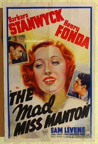 e570 MAD MISS MANTON one-sheet movie poster '38 Stanwyck, Henry Fonda