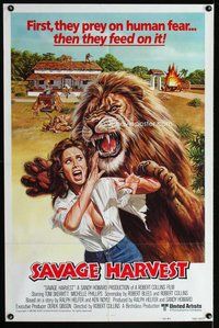 e764 SAVAGE HARVEST int'l one-sheet movie poster '81 wild lion attacks girl!