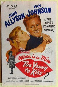 e896 TOO YOUNG TO KISS signed one-sheet movie poster '51 June Allyson