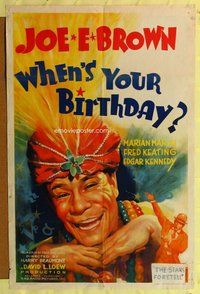 e957 WHEN'S YOUR BIRTHDAY one-sheet movie poster '37 wacky Joe E. Brown!