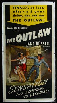 f026 OUTLAW linen three-sheet movie poster R50 Jane Russell, Howard Hughes