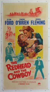 f028 REDHEAD & THE COWBOY linen three-sheet movie poster '51 Ford, Fleming