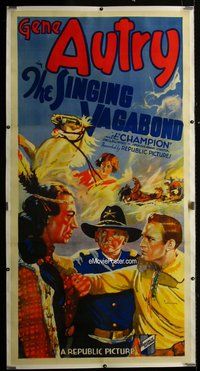 f029 SINGING VAGABOND linen three-sheet movie poster '35 Gene Autry & Champion