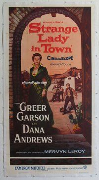 f030 STRANGE LADY IN TOWN linen three-sheet movie poster '55 Greer Garson