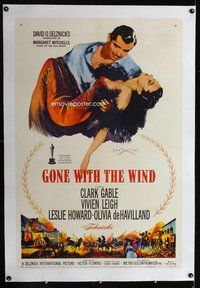 f366 GONE WITH THE WIND linen one-sheet movie poster R61 Clark Gable, Leigh