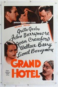 f368 GRAND HOTEL linen one-sheet movie poster R62 Greta Garbo, Barrymore