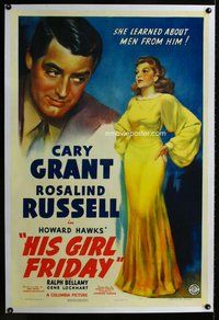 f380 HIS GIRL FRIDAY linen one-sheet movie poster '39 Grant, Russell, Hawks