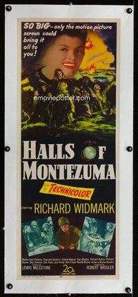 f282 HALLS OF MONTEZUMA linen insert movie poster '51 Richard Widmark