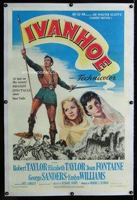 f394 IVANHOE linen one-sheet movie poster '52 Elizabeth & Robert Taylor