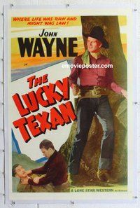 f407 JOHN WAYNE linen stock 1sh 1940s full-length image of The Duke with gun, The Lucky Texan!