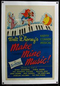 f411 MAKE MINE MUSIC linen one-sheet movie poster '46 Walt Disney cartoon!