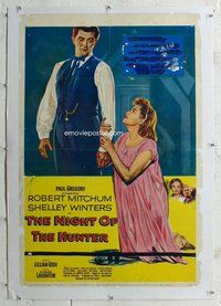 f425 NIGHT OF THE HUNTER linen one-sheet movie poster '55 Robert Mitchum