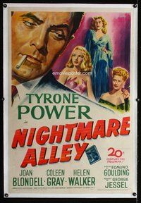 f426 NIGHTMARE ALLEY linen one-sheet movie poster '47 Tyrone Power, Blondell
